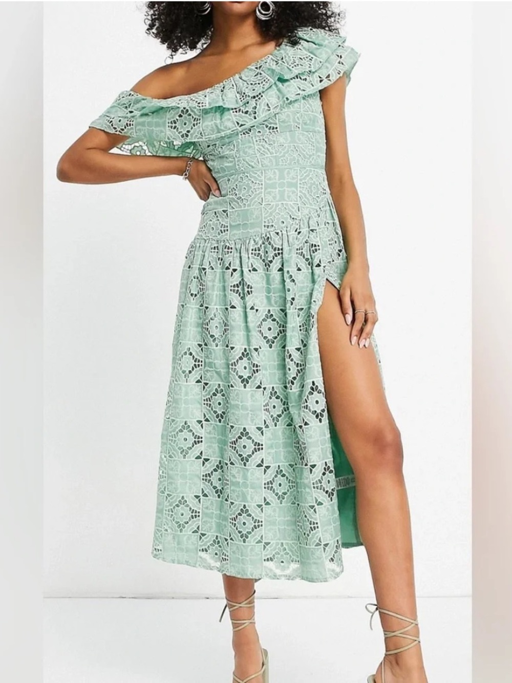 ASOS Design Floral Lace Cottagecore Fairy Coquette One Shoulder Midi Dress.